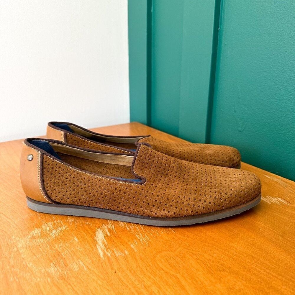 Ted Baker Men’s Oshua Perforated Suede Cognac Brown Leather Slip on Loafers